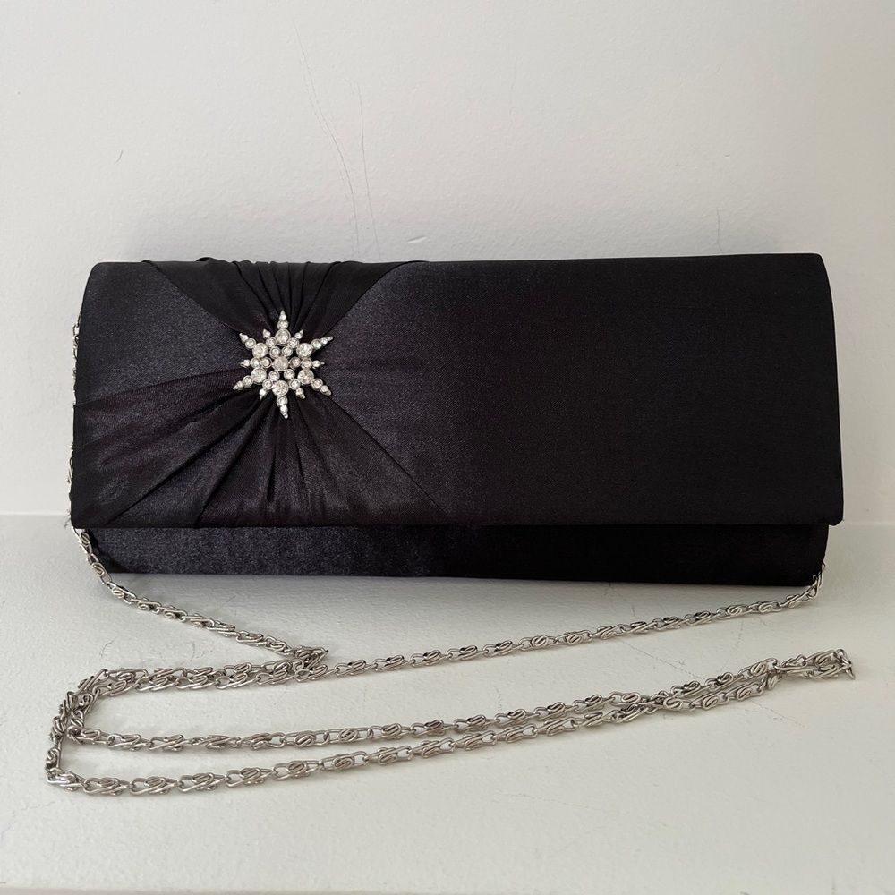 SHISEIDO Satin Evening Bag Rhinestone Starburst Clutch Shoulder Bag Event Chic